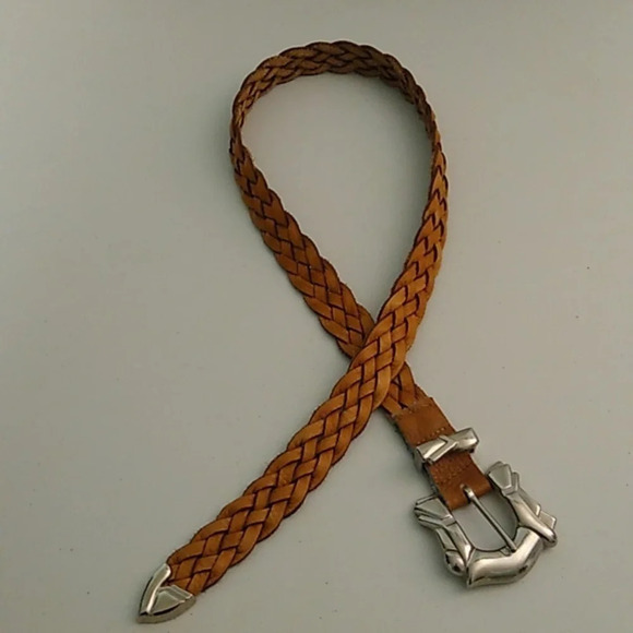 CARMEL BROWN, GENUINE WOVEN LEATHER, WITH HEAVY SILVER BUCKLE & TIP